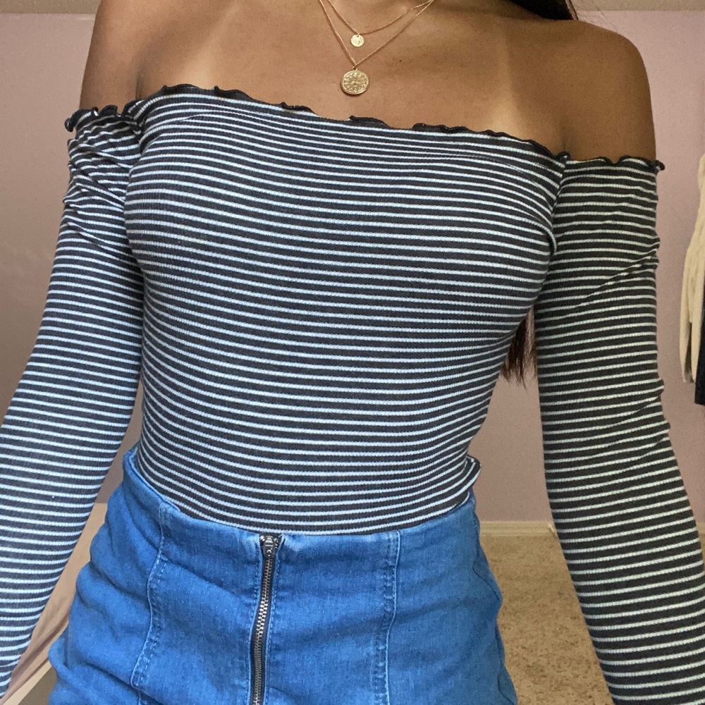 black and white striped off the shoulder top